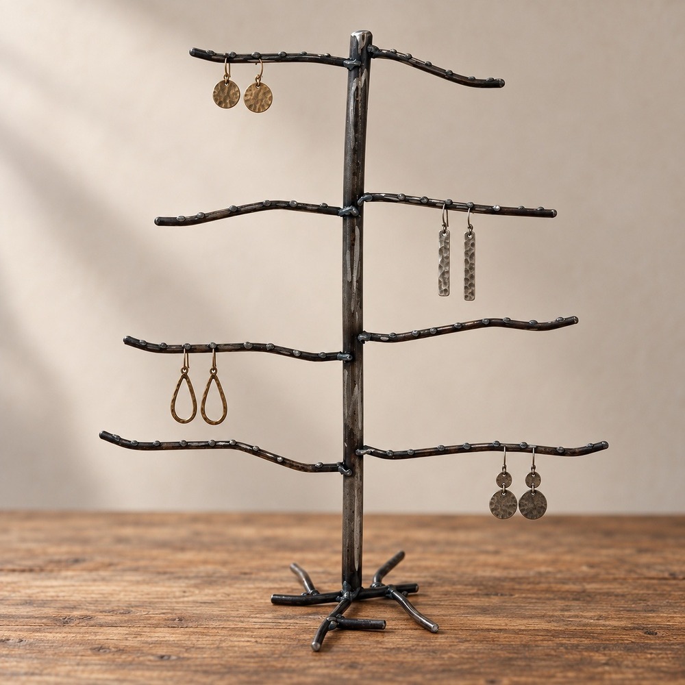 Brutalist Steel Jewelry Tree Stand Handmade Industrial Sculpture Signed 12"